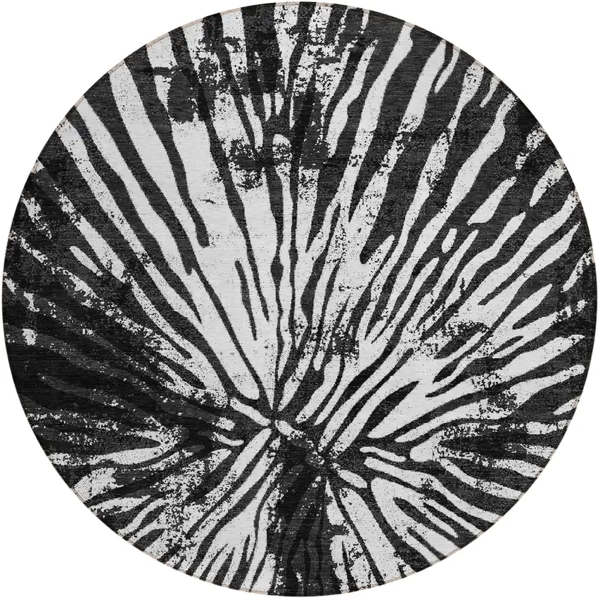 8' Black Charcoal And Ivory Round Abstract Washable Indoor Outdoor Area Rug Photo 2