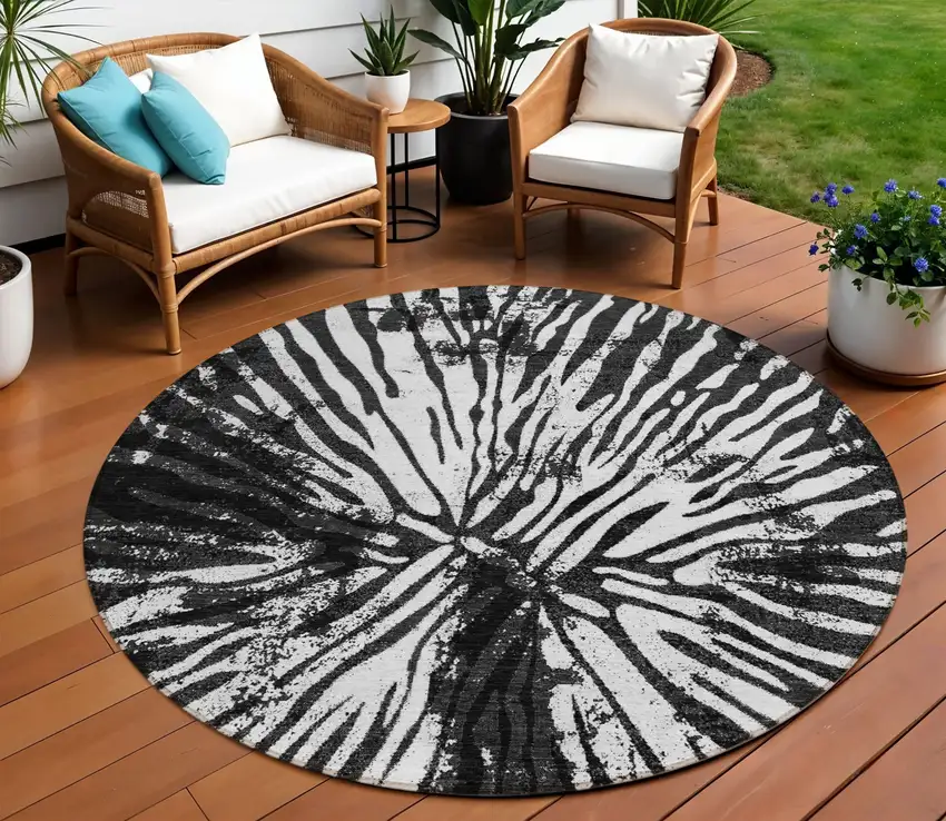 8' Black Charcoal And Ivory Round Abstract Washable Indoor Outdoor Area Rug Photo 1