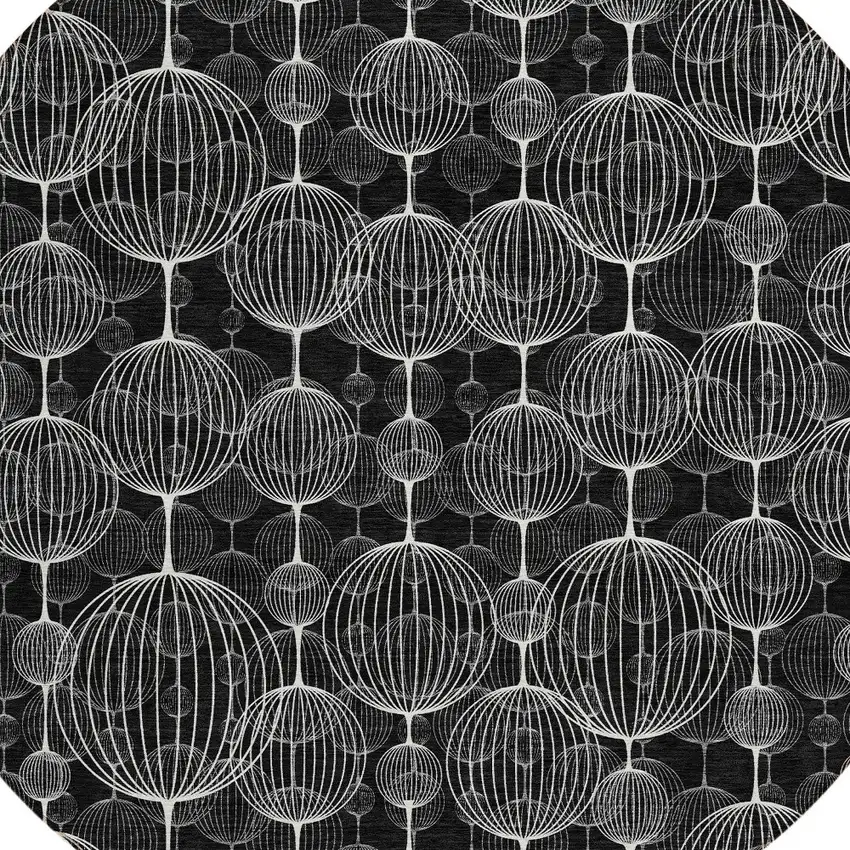8' Black Charcoal And Ivory Round Geometric Washable Indoor Outdoor Area Rug Photo 5
