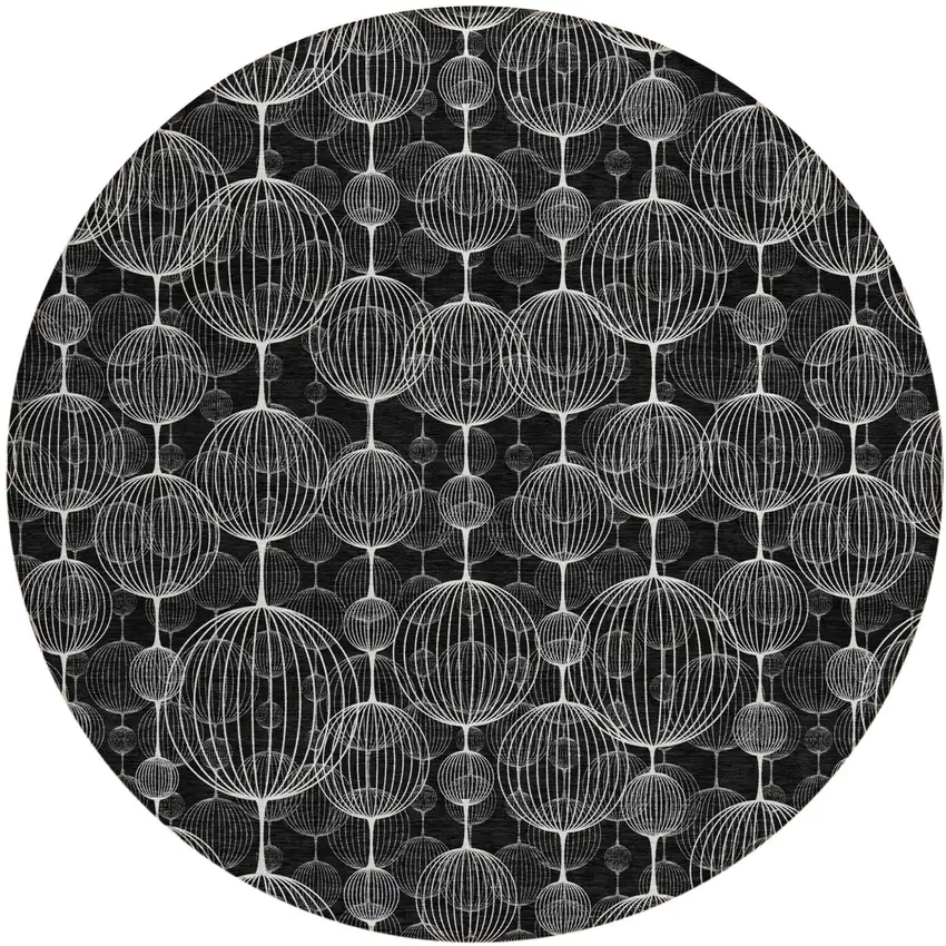 8' Black Charcoal And Ivory Round Geometric Washable Indoor Outdoor Area Rug Photo 2