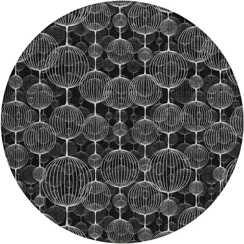 8' Black Charcoal And Ivory Round Geometric Washable Indoor Outdoor Area Rug Photo 2