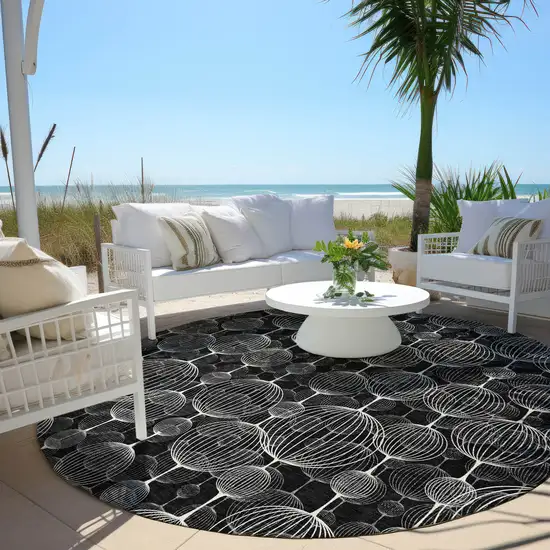 8' Black Charcoal And Ivory Round Geometric Washable Indoor Outdoor Area Rug Photo 6
