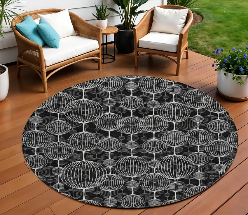 8' Black Charcoal And Ivory Round Geometric Washable Indoor Outdoor Area Rug Photo 1