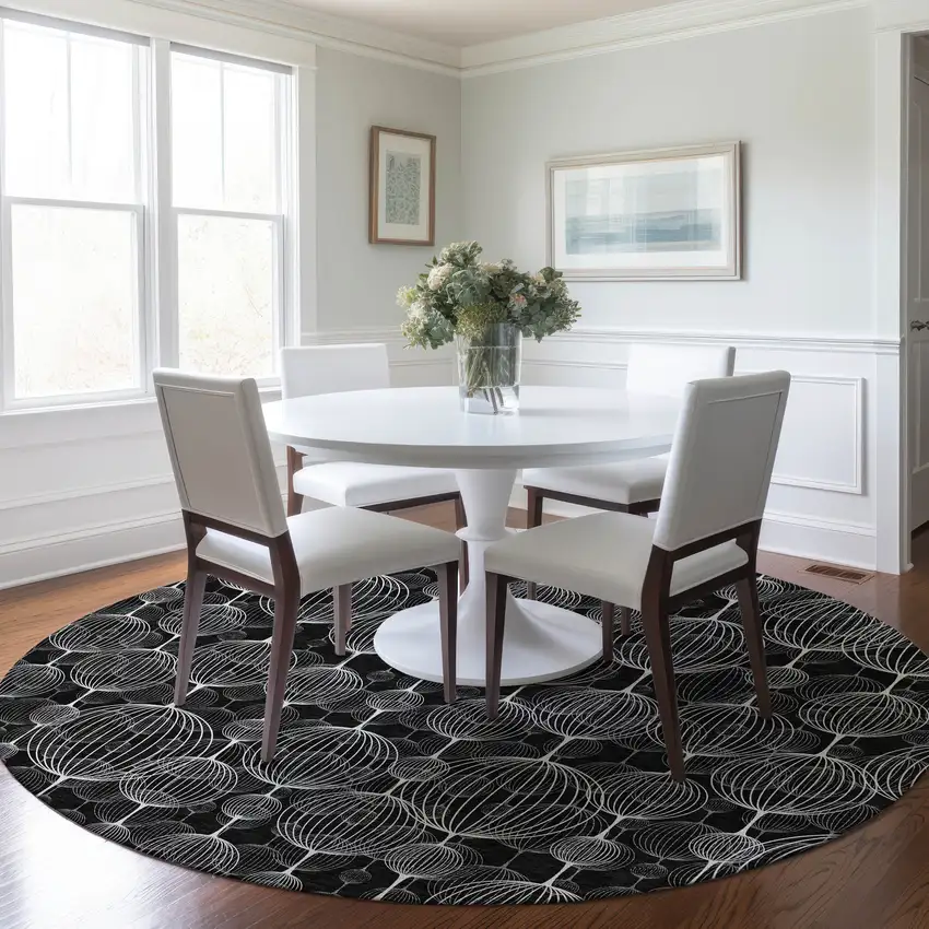 8' Black Charcoal And Ivory Round Geometric Washable Indoor Outdoor Area Rug Photo 8