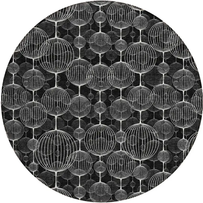8' Black Charcoal And Ivory Round Geometric Washable Indoor Outdoor Area Rug Photo 5