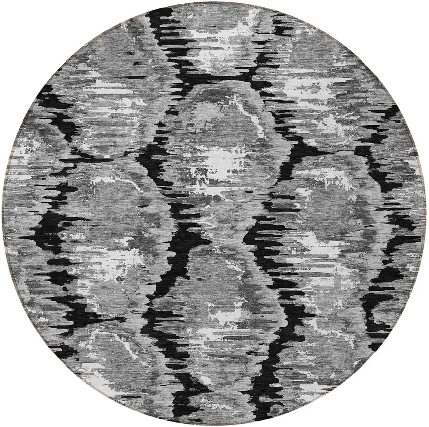 8' Black Charcoal And Silver Round Abstract Washable Indoor Outdoor Area Rug Photo 5
