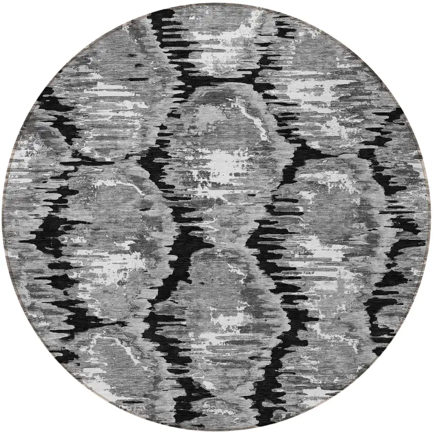 8' Black Charcoal And Silver Round Abstract Washable Indoor Outdoor Area Rug Photo 5