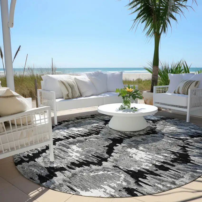 8' Black Charcoal And Silver Round Abstract Washable Indoor Outdoor Area Rug Photo 6
