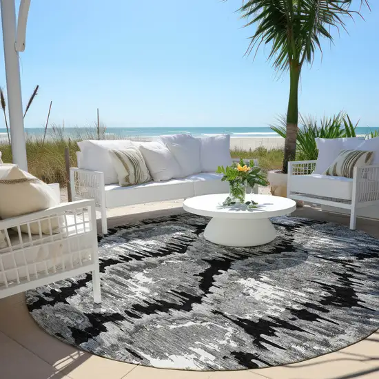 8' Black Charcoal And Silver Round Abstract Washable Indoor Outdoor Area Rug Photo 6