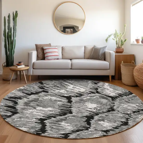 8' Black Charcoal And Silver Round Abstract Washable Indoor Outdoor Area Rug Photo 7