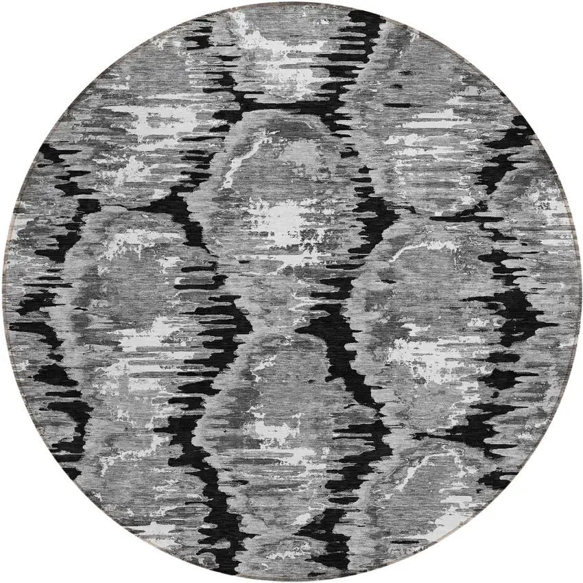 8' Black Charcoal And Silver Round Abstract Washable Indoor Outdoor Area Rug Photo 1