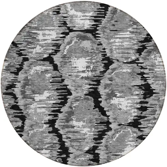 8' Black Charcoal And Silver Round Abstract Washable Indoor Outdoor Area Rug Photo 1