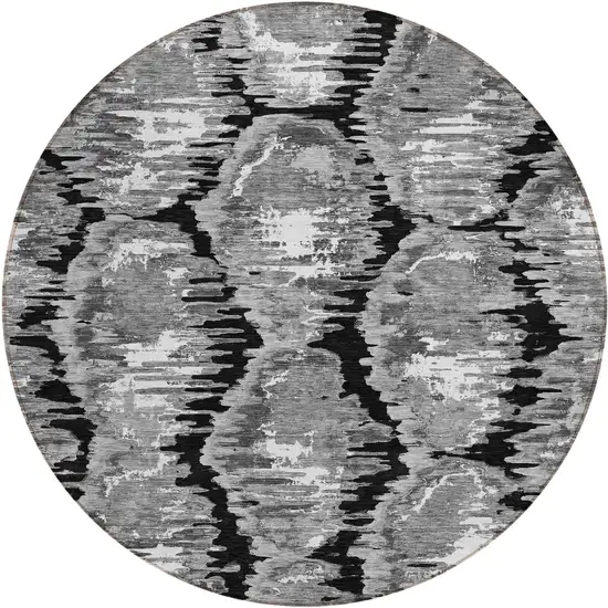 8' Black Charcoal And Silver Round Abstract Washable Indoor Outdoor Area Rug Photo 1