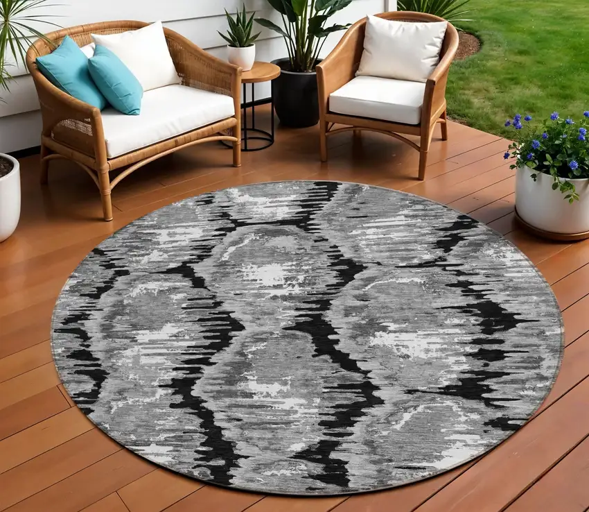 8' Black Charcoal And Silver Round Abstract Washable Indoor Outdoor Area Rug Photo 1