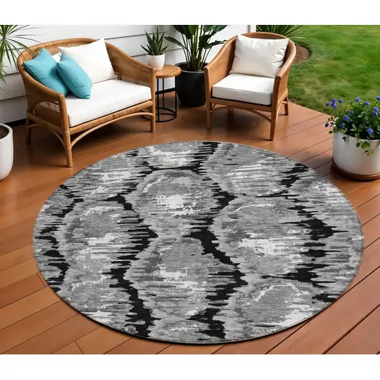 8' Black Charcoal And Silver Round Abstract Washable Indoor Outdoor Area Rug Photo 1