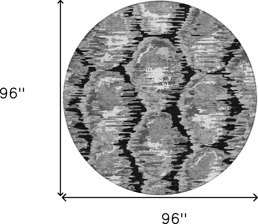 8' Black Charcoal And Silver Round Abstract Washable Indoor Outdoor Area Rug Photo 8