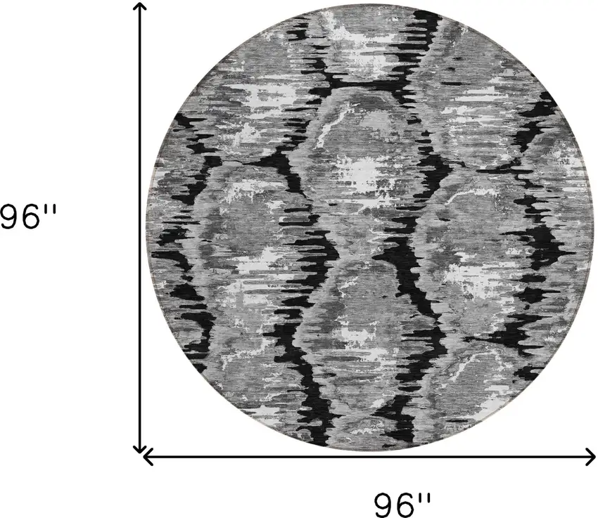 8' Black Charcoal And Silver Round Abstract Washable Indoor Outdoor Area Rug Photo 8