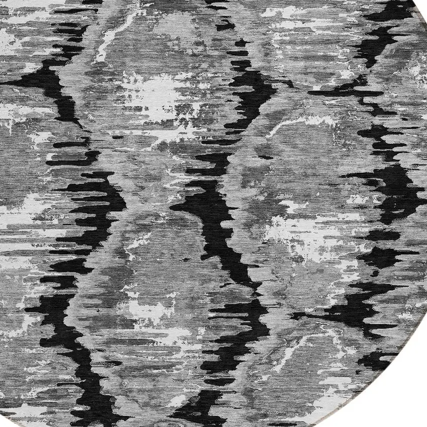 8' Black Charcoal And Silver Round Abstract Washable Indoor Outdoor Area Rug Photo 4