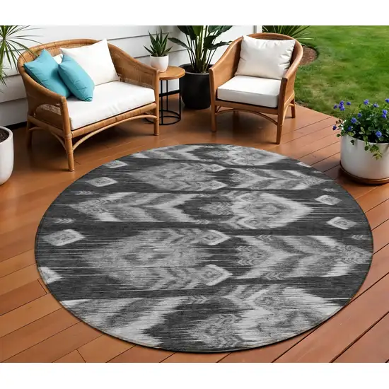 8' Black Charcoal And Silver Round Southwestern Washable Indoor Outdoor Area Rug Photo 1