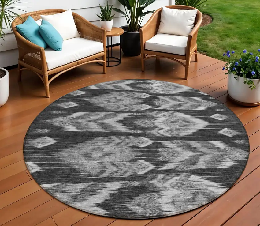 8' Black Charcoal And Silver Round Southwestern Washable Indoor Outdoor Area Rug Photo 1