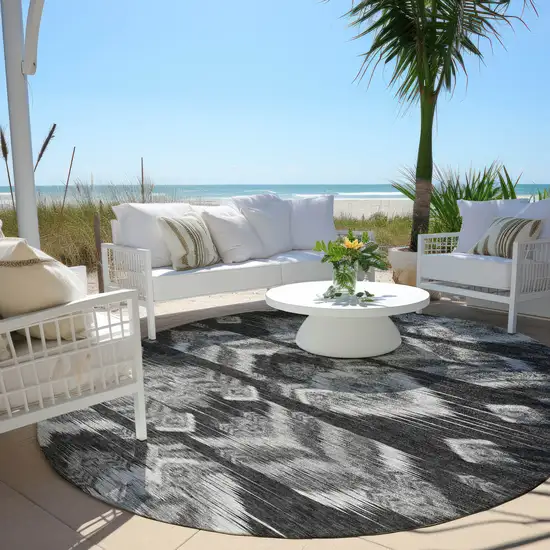 8' Black Charcoal And Silver Round Southwestern Washable Indoor Outdoor Area Rug Photo 8