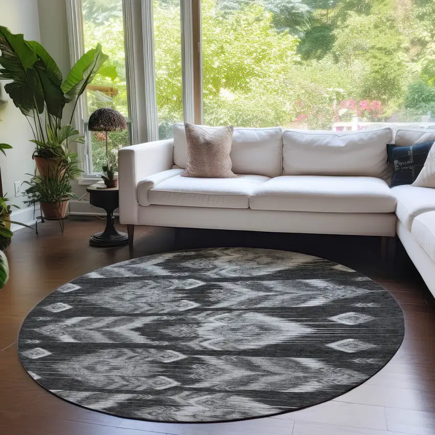 8' Black Charcoal And Silver Round Southwestern Washable Indoor Outdoor Area Rug Photo 9