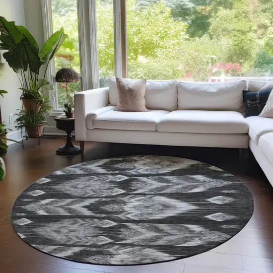 8' Black Charcoal And Silver Round Southwestern Washable Indoor Outdoor Area Rug Photo 9