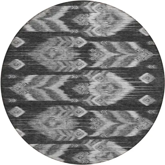 8' Black Charcoal And Silver Round Southwestern Washable Indoor Outdoor Area Rug Photo 2