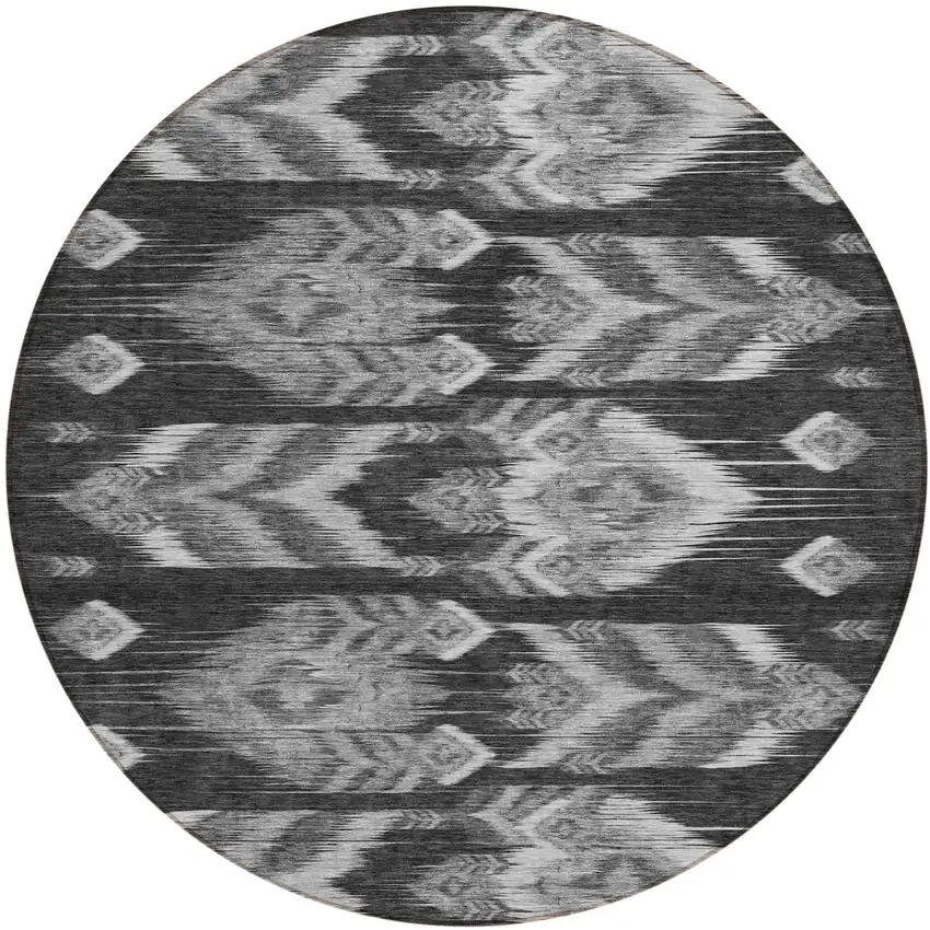 8' Black Charcoal And Silver Round Southwestern Washable Indoor Outdoor Area Rug Photo 2