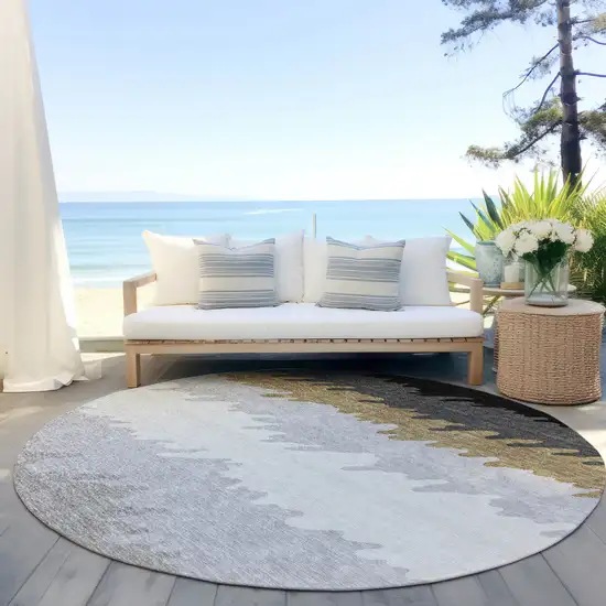 8' Black Charcoal And Silver Round Striped Washable Indoor Outdoor Area Rug Photo 6
