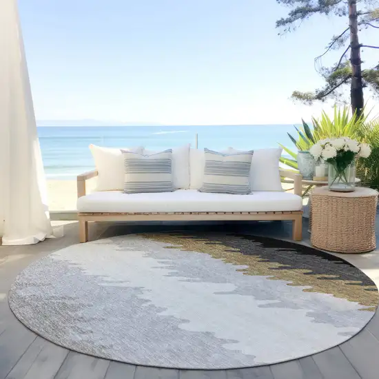 8' Black Charcoal And Silver Round Striped Washable Indoor Outdoor Area Rug Photo 6