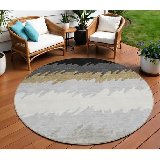 8' Black Charcoal And Silver Round Striped Washable Indoor Outdoor Area Rug Photo 1