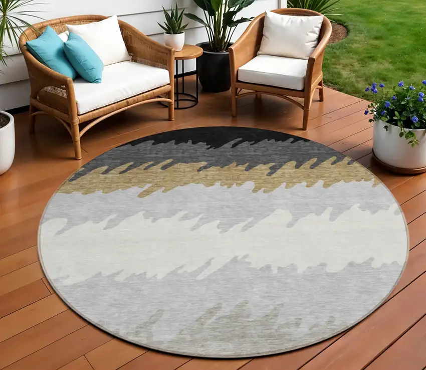 8' Black Charcoal And Silver Round Striped Washable Indoor Outdoor Area Rug Photo 1