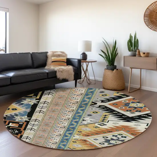 8' Black Copper And Gold Southwestern Washable Round Rug With UV Protection Photo 3