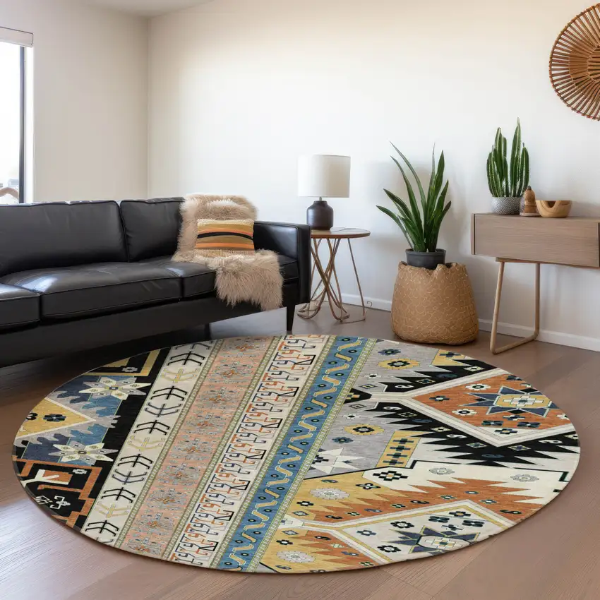8' Black Copper And Gold Southwestern Washable Round Rug With UV Protection Photo 3