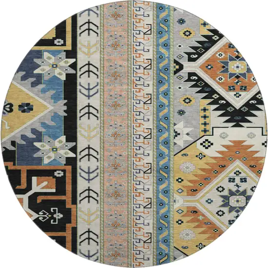 8' Black Copper And Gold Southwestern Washable Round Rug With UV Protection Photo 1