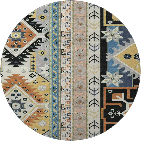 8' Black Copper And Gold Southwestern Washable Round Rug With UV Protection Photo 2