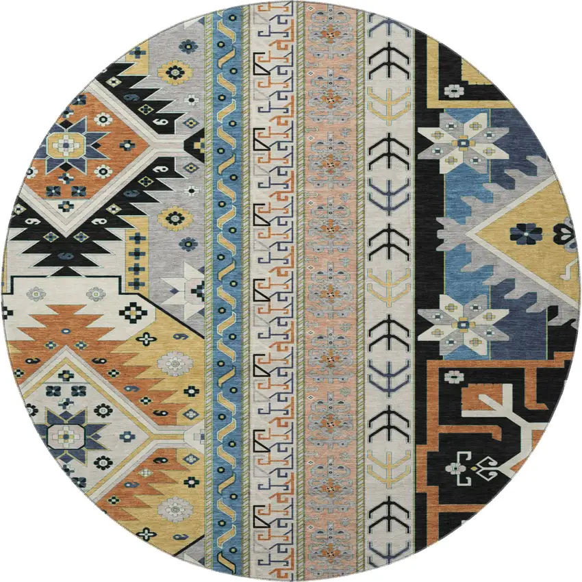 8' Black Copper And Gold Southwestern Washable Round Rug With UV Protection Photo 2