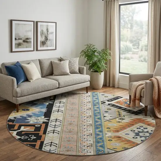 8' Black Copper And Gold Southwestern Washable Round Rug With UV Protection Photo 1