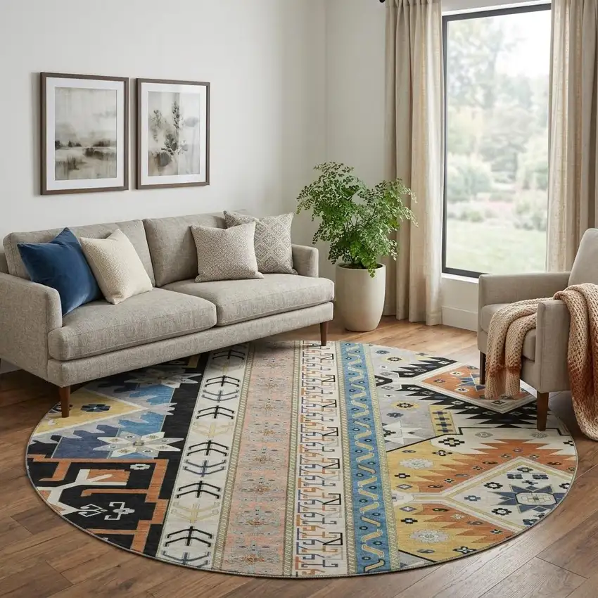 8' Black Copper And Gold Southwestern Washable Round Rug With UV Protection Photo 1