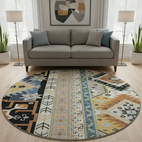 8' Black Copper And Gold Southwestern Washable Round Rug With UV Protection Photo 2