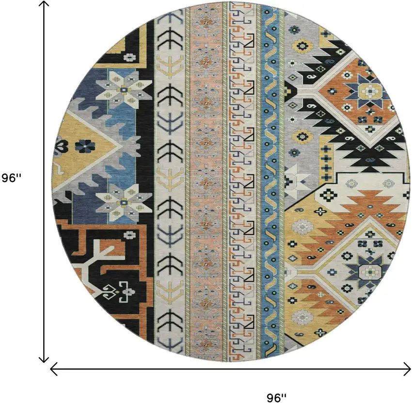 8' Black Copper And Gold Southwestern Washable Round Rug With UV Protection Photo 8