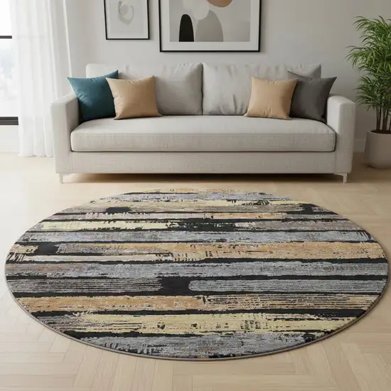 8' Black Copper And Gold Striped Washable Round Rug With UV Protection Photo 2
