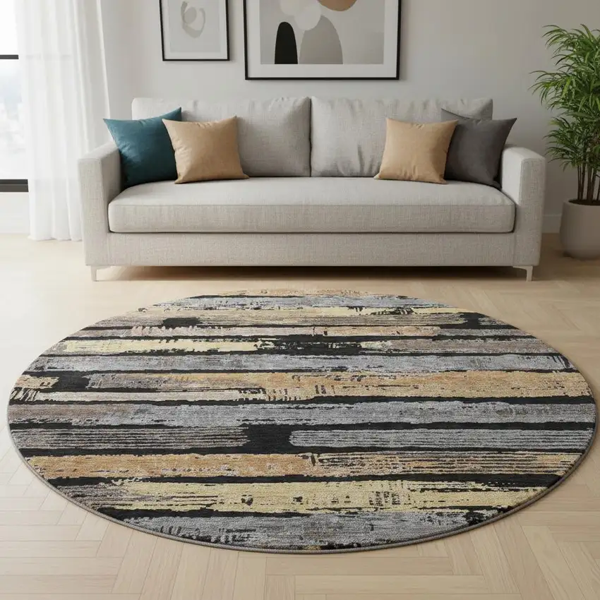 8' Black Copper And Gold Striped Washable Round Rug With UV Protection Photo 2