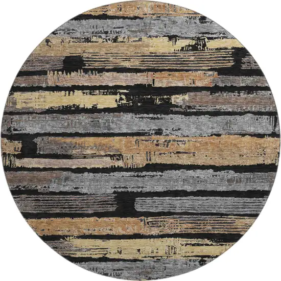 8' Black Copper And Gold Striped Washable Round Rug With UV Protection Photo 1