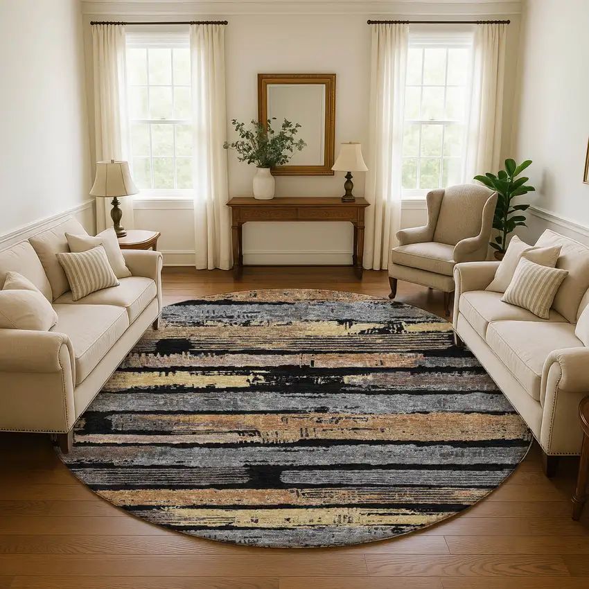 8' Black Copper And Gold Striped Washable Round Rug With UV Protection Photo 5