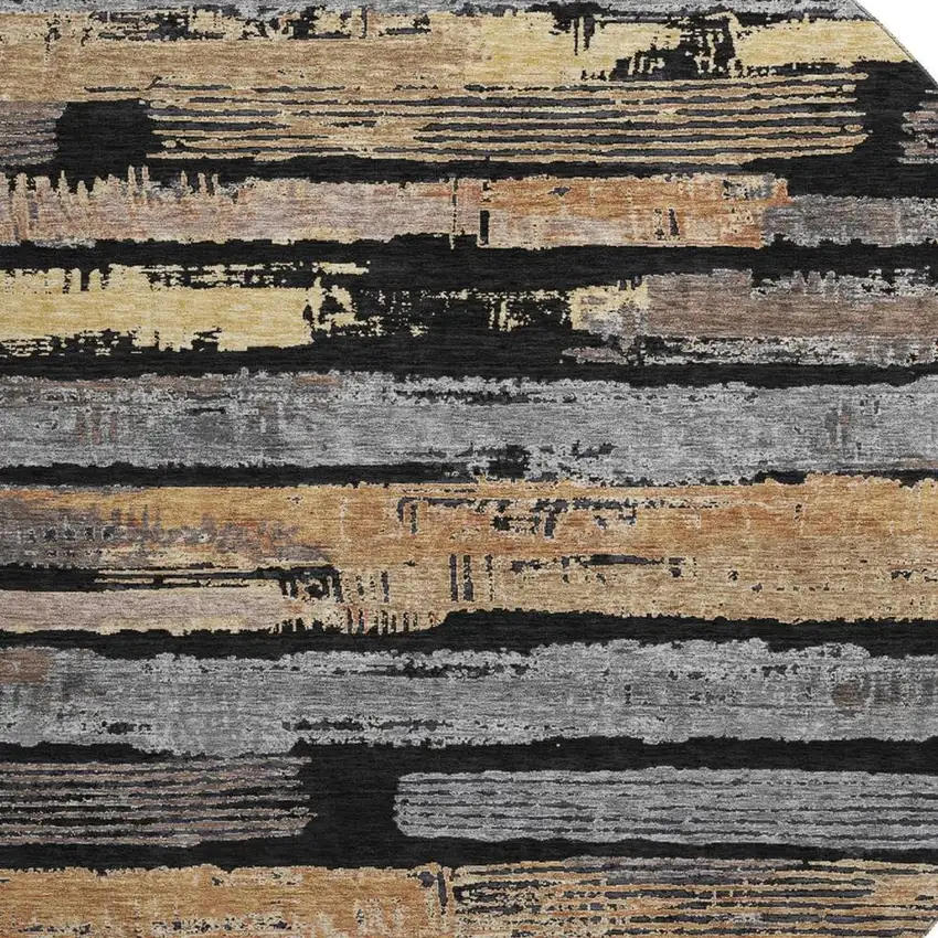 8' Black Copper And Gold Striped Washable Round Rug With UV Protection Photo 2