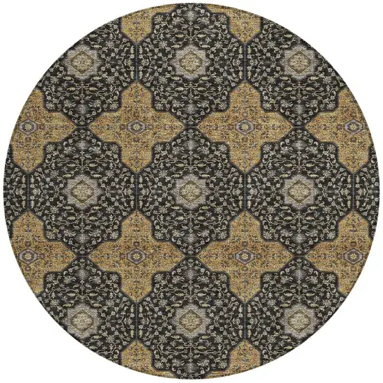 8' Black Copper And Gray Round Quatrefoil Washable Indoor Outdoor Area Rug Photo 3
