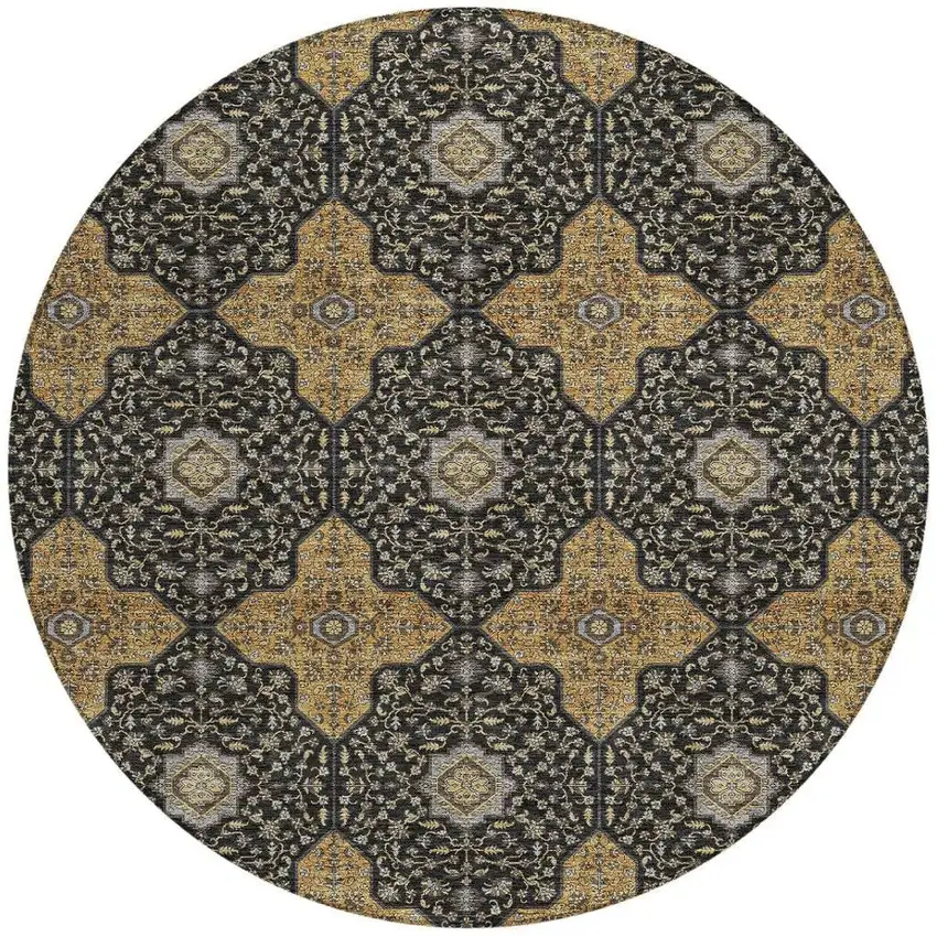8' Black Copper And Gray Round Quatrefoil Washable Indoor Outdoor Area Rug Photo 3