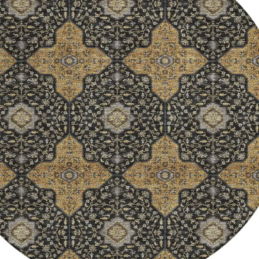 8' Black Copper And Gray Round Quatrefoil Washable Indoor Outdoor Area Rug Photo 2